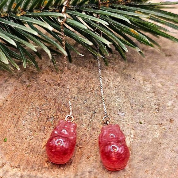 Premium Grade Nature Strawberry Quartz  Pi Xiu  925 Dangle Earring - Picture 9 of 9